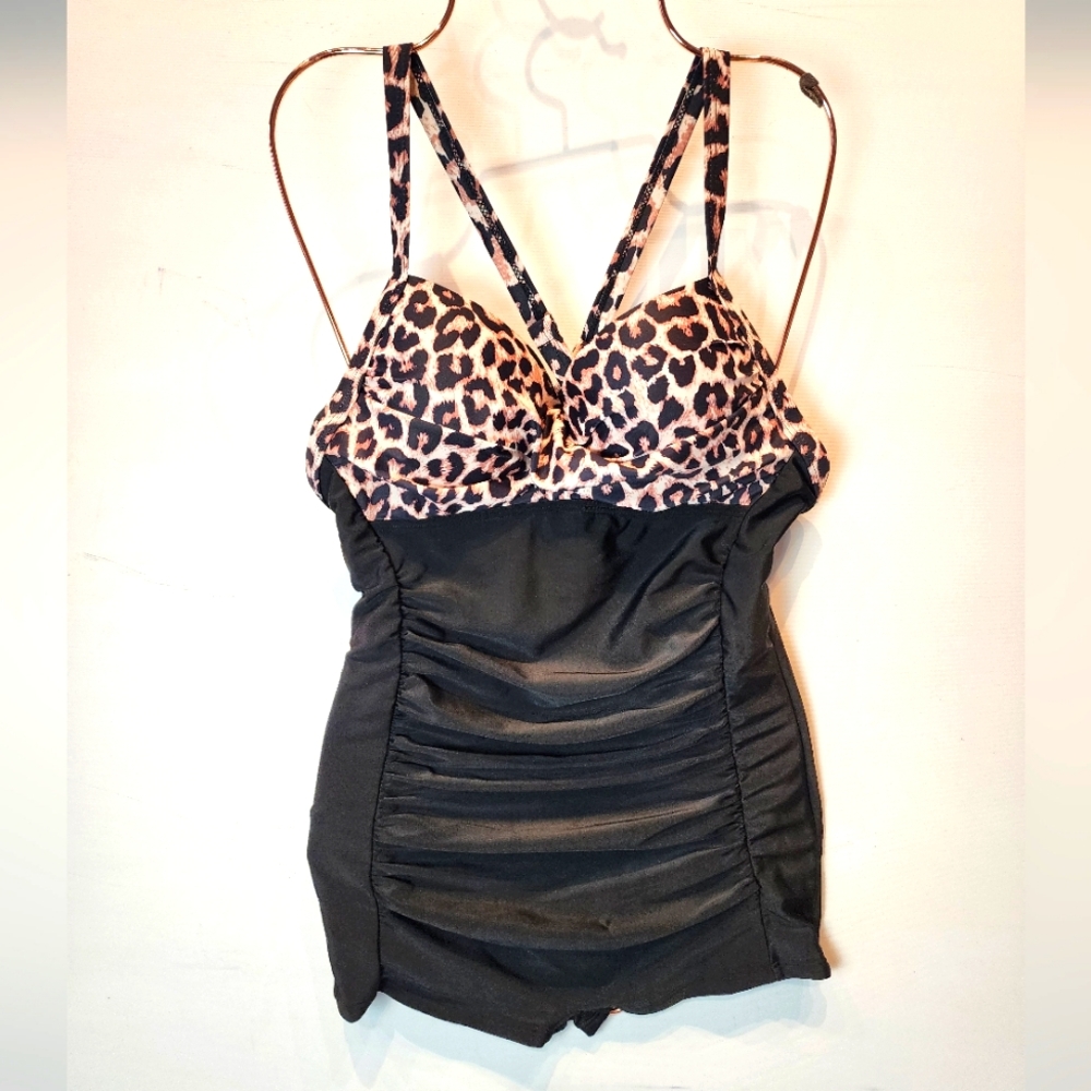 New Leopard Print One Piece Swimsuit‎ Retro Style Tummy Control 948 Size S